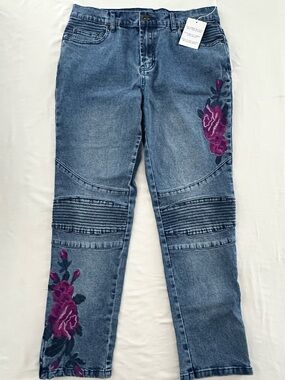 Diane Gilman DG2 Y2K Floral Embroidered Jeans 8P NWT Petite